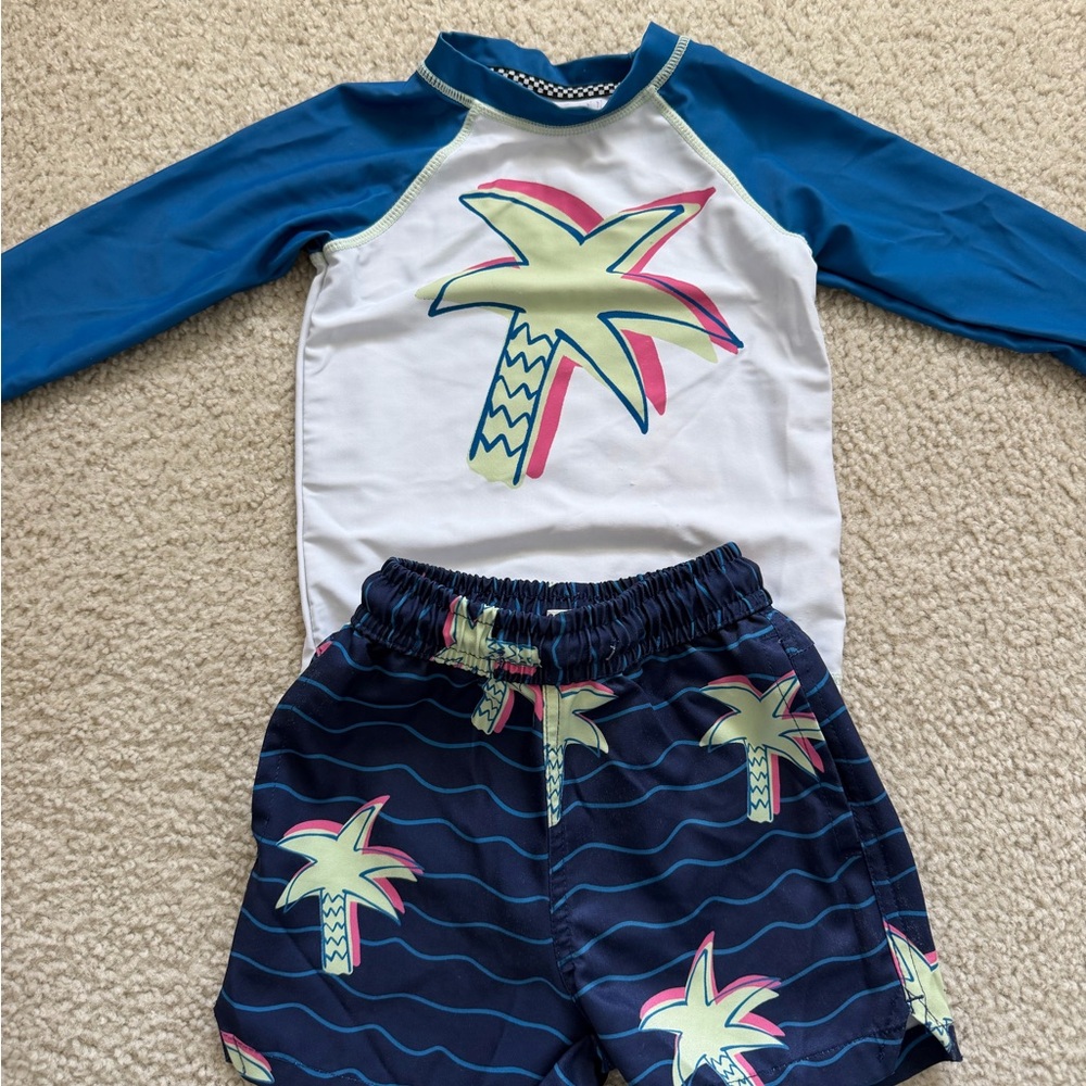 Kids Palm Tree Rash Guard Set - Blue/White